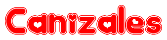 The image is a red and white graphic with the word Canizales written in a decorative script. Each letter in  is contained within its own outlined bubble-like shape. Inside each letter, there is a white heart symbol.