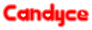 The image is a red and white graphic with the word Candyce written in a decorative script. Each letter in  is contained within its own outlined bubble-like shape. Inside each letter, there is a white heart symbol.