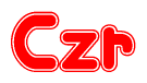 The image is a red and white graphic with the word Czr written in a decorative script. Each letter in  is contained within its own outlined bubble-like shape. Inside each letter, there is a white heart symbol.