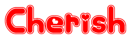 The image is a clipart featuring the word Cherish written in a stylized font with a heart shape replacing inserted into the center of each letter. The color scheme of the text and hearts is red with a light outline.