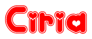 The image is a red and white graphic with the word Ciria written in a decorative script. Each letter in  is contained within its own outlined bubble-like shape. Inside each letter, there is a white heart symbol.