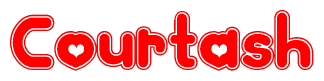 The image is a clipart featuring the word Courtash written in a stylized font with a heart shape replacing inserted into the center of each letter. The color scheme of the text and hearts is red with a light outline.