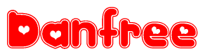 The image is a red and white graphic with the word Danfree written in a decorative script. Each letter in  is contained within its own outlined bubble-like shape. Inside each letter, there is a white heart symbol.