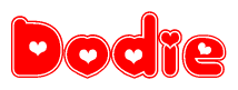 The image is a red and white graphic with the word Dodie written in a decorative script. Each letter in  is contained within its own outlined bubble-like shape. Inside each letter, there is a white heart symbol.
