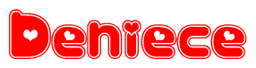 The image is a clipart featuring the word Deniece written in a stylized font with a heart shape replacing inserted into the center of each letter. The color scheme of the text and hearts is red with a light outline.