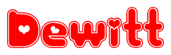 The image is a clipart featuring the word Dewitt written in a stylized font with a heart shape replacing inserted into the center of each letter. The color scheme of the text and hearts is red with a light outline.