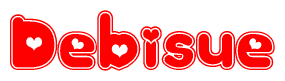 The image is a red and white graphic with the word Debisue written in a decorative script. Each letter in  is contained within its own outlined bubble-like shape. Inside each letter, there is a white heart symbol.