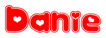 The image is a clipart featuring the word Danie written in a stylized font with a heart shape replacing inserted into the center of each letter. The color scheme of the text and hearts is red with a light outline.