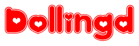 The image is a clipart featuring the word Dollingd written in a stylized font with a heart shape replacing inserted into the center of each letter. The color scheme of the text and hearts is red with a light outline.