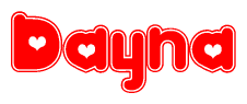 The image is a red and white graphic with the word Dayna written in a decorative script. Each letter in  is contained within its own outlined bubble-like shape. Inside each letter, there is a white heart symbol.