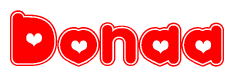 The image is a red and white graphic with the word Donaa written in a decorative script. Each letter in  is contained within its own outlined bubble-like shape. Inside each letter, there is a white heart symbol.