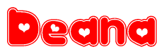 The image is a red and white graphic with the word Deana written in a decorative script. Each letter in  is contained within its own outlined bubble-like shape. Inside each letter, there is a white heart symbol.