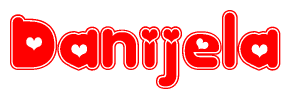 The image is a clipart featuring the word Danijela written in a stylized font with a heart shape replacing inserted into the center of each letter. The color scheme of the text and hearts is red with a light outline.