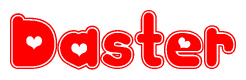 The image displays the word Daster written in a stylized red font with hearts inside the letters.