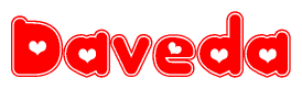 The image displays the word Daveda written in a stylized red font with hearts inside the letters.