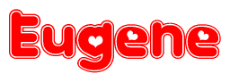 The image is a red and white graphic with the word Eugene written in a decorative script. Each letter in  is contained within its own outlined bubble-like shape. Inside each letter, there is a white heart symbol.