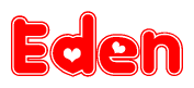 The image is a clipart featuring the word Eden written in a stylized font with a heart shape replacing inserted into the center of each letter. The color scheme of the text and hearts is red with a light outline.