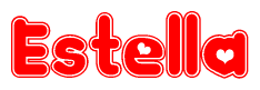 The image is a red and white graphic with the word Estella written in a decorative script. Each letter in  is contained within its own outlined bubble-like shape. Inside each letter, there is a white heart symbol.