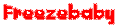 The image is a clipart featuring the word Freezebaby written in a stylized font with a heart shape replacing inserted into the center of each letter. The color scheme of the text and hearts is red with a light outline.