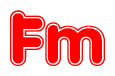 The image is a red and white graphic with the word Fm written in a decorative script. Each letter in  is contained within its own outlined bubble-like shape. Inside each letter, there is a white heart symbol.