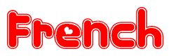 The image is a red and white graphic with the word French written in a decorative script. Each letter in  is contained within its own outlined bubble-like shape. Inside each letter, there is a white heart symbol.