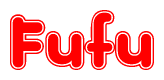 The image is a red and white graphic with the word Fufu written in a decorative script. Each letter in  is contained within its own outlined bubble-like shape. Inside each letter, there is a white heart symbol.
