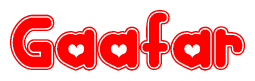 The image is a red and white graphic with the word Gaafar written in a decorative script. Each letter in  is contained within its own outlined bubble-like shape. Inside each letter, there is a white heart symbol.