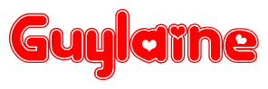 The image is a red and white graphic with the word Guylaine written in a decorative script. Each letter in  is contained within its own outlined bubble-like shape. Inside each letter, there is a white heart symbol.
