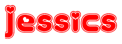 The image is a red and white graphic with the word Jessics written in a decorative script. Each letter in  is contained within its own outlined bubble-like shape. Inside each letter, there is a white heart symbol.