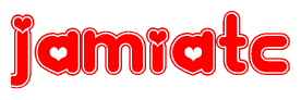 The image is a clipart featuring the word Jamiatc written in a stylized font with a heart shape replacing inserted into the center of each letter. The color scheme of the text and hearts is red with a light outline.