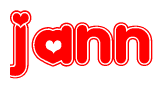 The image is a clipart featuring the word Jann written in a stylized font with a heart shape replacing inserted into the center of each letter. The color scheme of the text and hearts is red with a light outline.