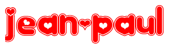 The image is a red and white graphic with the word Jean-paul written in a decorative script. Each letter in  is contained within its own outlined bubble-like shape. Inside each letter, there is a white heart symbol.