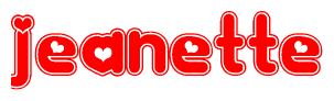 The image is a clipart featuring the word Jeanette written in a stylized font with a heart shape replacing inserted into the center of each letter. The color scheme of the text and hearts is red with a light outline.