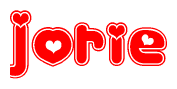 The image is a red and white graphic with the word Jorie written in a decorative script. Each letter in  is contained within its own outlined bubble-like shape. Inside each letter, there is a white heart symbol.