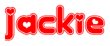 The image is a red and white graphic with the word Jackie written in a decorative script. Each letter in  is contained within its own outlined bubble-like shape. Inside each letter, there is a white heart symbol.