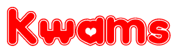 The image is a clipart featuring the word Kwams written in a stylized font with a heart shape replacing inserted into the center of each letter. The color scheme of the text and hearts is red with a light outline.
