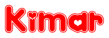 The image is a red and white graphic with the word Kimar written in a decorative script. Each letter in  is contained within its own outlined bubble-like shape. Inside each letter, there is a white heart symbol.