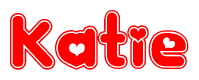 The image is a red and white graphic with the word Katie written in a decorative script. Each letter in  is contained within its own outlined bubble-like shape. Inside each letter, there is a white heart symbol.