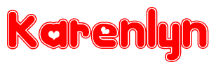 The image is a clipart featuring the word Karenlyn written in a stylized font with a heart shape replacing inserted into the center of each letter. The color scheme of the text and hearts is red with a light outline.