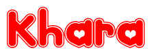 The image is a red and white graphic with the word Khara written in a decorative script. Each letter in  is contained within its own outlined bubble-like shape. Inside each letter, there is a white heart symbol.