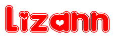 The image is a clipart featuring the word Lizann written in a stylized font with a heart shape replacing inserted into the center of each letter. The color scheme of the text and hearts is red with a light outline.
