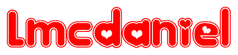 The image is a red and white graphic with the word Lmcdaniel written in a decorative script. Each letter in  is contained within its own outlined bubble-like shape. Inside each letter, there is a white heart symbol.