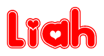 The image is a red and white graphic with the word Liah written in a decorative script. Each letter in  is contained within its own outlined bubble-like shape. Inside each letter, there is a white heart symbol.