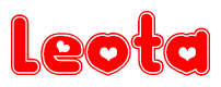 The image is a clipart featuring the word Leota written in a stylized font with a heart shape replacing inserted into the center of each letter. The color scheme of the text and hearts is red with a light outline.