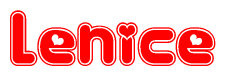 The image is a red and white graphic with the word Lenice written in a decorative script. Each letter in  is contained within its own outlined bubble-like shape. Inside each letter, there is a white heart symbol.