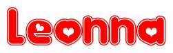 The image is a red and white graphic with the word Leonna written in a decorative script. Each letter in  is contained within its own outlined bubble-like shape. Inside each letter, there is a white heart symbol.