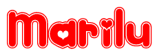 The image is a red and white graphic with the word Marilu written in a decorative script. Each letter in  is contained within its own outlined bubble-like shape. Inside each letter, there is a white heart symbol.