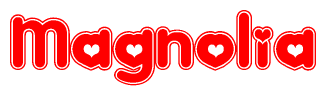 The image is a clipart featuring the word Magnolia written in a stylized font with a heart shape replacing inserted into the center of each letter. The color scheme of the text and hearts is red with a light outline.