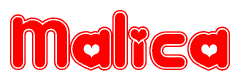 The image is a red and white graphic with the word Malica written in a decorative script. Each letter in  is contained within its own outlined bubble-like shape. Inside each letter, there is a white heart symbol.