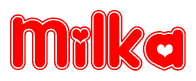 The image is a clipart featuring the word Milka written in a stylized font with a heart shape replacing inserted into the center of each letter. The color scheme of the text and hearts is red with a light outline.